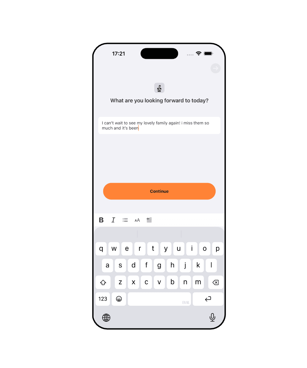 One of Luci's journal prompts on screen, "What are you looking forward to today?", with an answer half typed and the keyboard open.